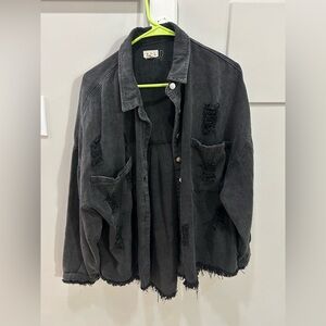 POL Distressed Snap Jacket Long Fringe Hem Star Patch Long Sleeve Black Denim
